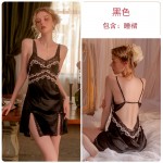 Guiruo Sexy Temptation Open Back Velvet Deep V Lace Ribbon Chest Cushion Suspender Sleeping Dress Outer Robe Home Suit Set 2833