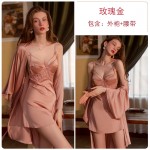 Guiruo Sexy Pure Desire Simple Ice Silk Pajamas Open Back Suspended Sleeping Dress Lace up Outer Robe Women's Home Fur Set 2061