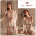 Guiruo Brand Sexy Leaky Breast Lace Embroidery Mesh Solid Color Suspended Sleeping Dress Outer Robe Women's Home Furnishing Set 176