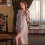 Guiruo brand sexy solid color pajamas casual and comfortable V-neck ice silk long outerwear for women's home wear set 2192