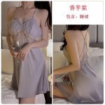 Ruo Ruo Sexy Lace Pure Desire Open Back with Chest Pads Gathered Ice Silk Pajamas Comfortable Outer Robe Home Suit Set 3124