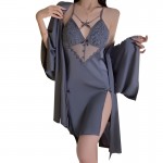 Guiruo Summer Sexy Backless Temptation Ice Silk Slit Sleepwear Sling Sleeping Dress Outer Robe Women's Home Furnishing Set 2355