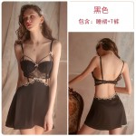 Guiruo Sexy Lace Deep V Temptation Pajamas Backless Bow Chest Pads Suspended Sleepwear Home Suit Set 1258