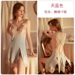 Guiruo Fun Lingerie Sexy Lace Perspective Attractive Split Sleepwear Open Back Suspended Dress Home Suit Set 1588