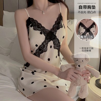 Guiruo satin polka dot print patchwork lace and chest pad deep V seductive sexy backless pajama dress home dress 3792