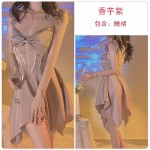 Guiruo Sexy Waist Wrapping Chest Pads Gather Ice Silk Pajamas Pure Desire Wind Small Flying Sleeves Sling Pajama Dress Home Suit J3434