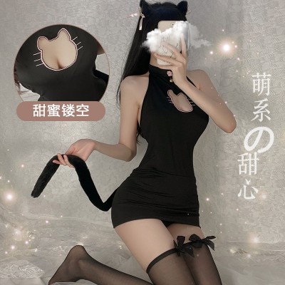 Guiruo Fun Lingerie Sexy Hollow Out Dew Breast Temptation Hanging Neck Slim Fit Sleeping Dress Cat Girl Uniform Sexy Set 805