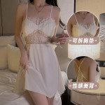 Ruo Ruo Pure Lust Wind Lace Backless Temptation with Chest Pads Gathered Strap Sleeping Dress High Grade Robe Home Set 3124