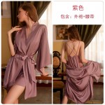 Guiruo Sexy Temptation Lace Open Back V-Neck Smooth Women's Suspender Dress Outer Robe Comfortable Home Suit Set 1690