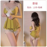 Guiruo Lingerie Sexy Deep V Plus Chest Pads Sweet Lace Satin Top, Shorts, Outer Robe, Women's Homewear Set