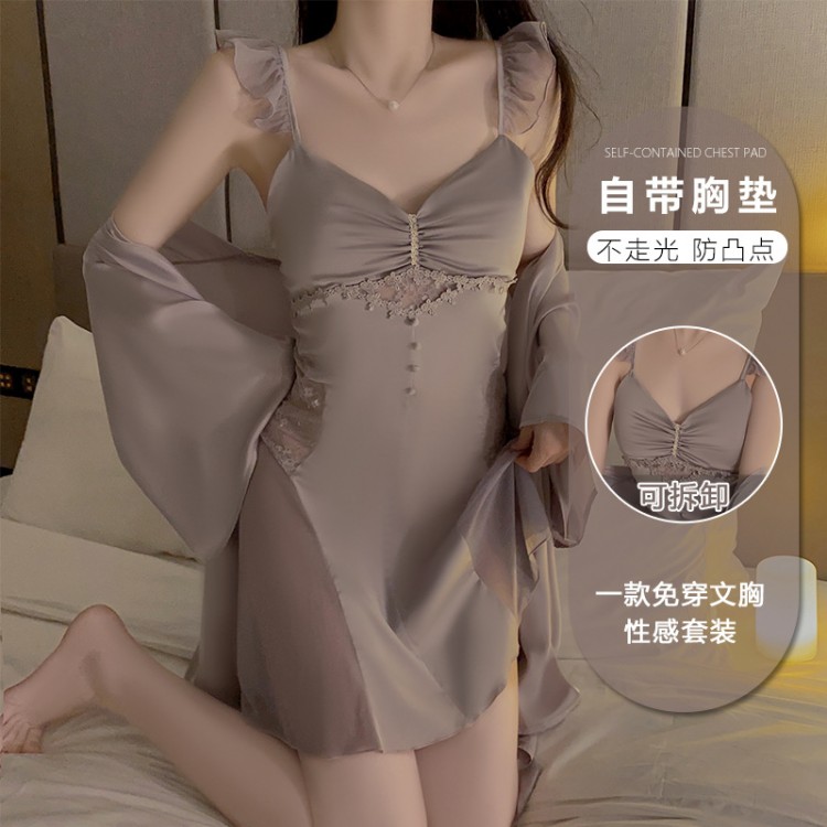 Guiruo Sexy V-neck Low cut gathered and padded with Sweet Lace Perspective Temptation Sleeping Dress Outer Robe Home Suit J3123