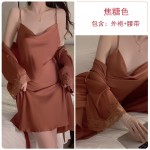 Guiruo minimalist style, solid color, sexy, low cut collar, open back, seductive satin nightgown, outerwear, home clothing set 1477