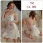 Guiruo Brand Sweet and Cute Style Solid Color Wave Dotted Satin Sexy Open Back Strap Home Women's Sleeping Dress Set 3296