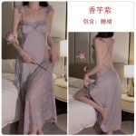 Guiruo Long Satin Face with Chest Cushion Low Chest Gathered Perspective Lace Sexy Open Back Strap Home Dresses Sleepwear 3388