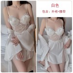 Guiruo Lingerie Satin Low Chest Gathered with Chest Pads Perspective Lace Combination Sleeping Dress Outer Robe Home Suit Set 3128