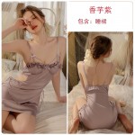 Ruo Ruo Solid Satin Deep V Low Chest Temptation Chest Cushion Waist Hollow out Hanging Strap Home Sleeping Dress Outrobe Set P3144