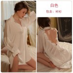 Ruo Ruo Solid Satin Sexy Open Back Hollow out seductive Boyfriend Style Shirt Lace Up Home Sleeping Dress Set C3260