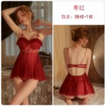 Guiruo Fun Lingerie Sexy Chest Pad Pajama Open Back Mesh Steel Ring Suspended Sleeping Dress Women's Home Suit Set 1708