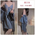 Guiruo Satin Slim Fit Perspective Mesh with Chest Pads Lace Deep V Temptation Sleeping Skirt Outer Robe Home Suit Set 3379