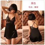 Guiruo Sexy Deep V Satin Patch Lace Perspective Open Back Suspended Sleeping Dress Lace up Outer Robe Home Suit Set 780