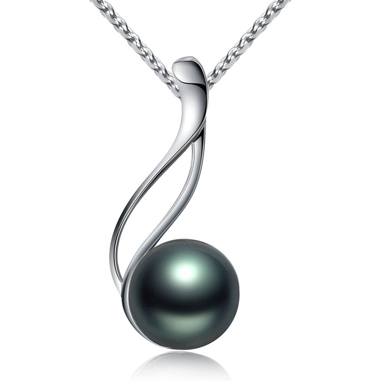 VIKI LYNN Tahitian Cultured Black Pearl Pendant Necklace 9-10mm Round Sterling Silver for Women