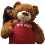 Big Plush 5 Foot Giant Teddy Bear Wearing Happy Birthday T-Shirt 60 Inches Soft Cookie Dough Brown Color Huge Teddybear