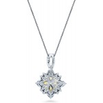 BERRICLE Rhodium Plated Sterling Silver Canary Yellow Cushion Cut Cubic Zirconia CZ Halo Flower Anniversary Fashion Pendant Necklace