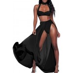 TOB Women&#39;s Sexy Summer Halter Slit 2 Piece Maxi Chiffon Dress Skirt Set