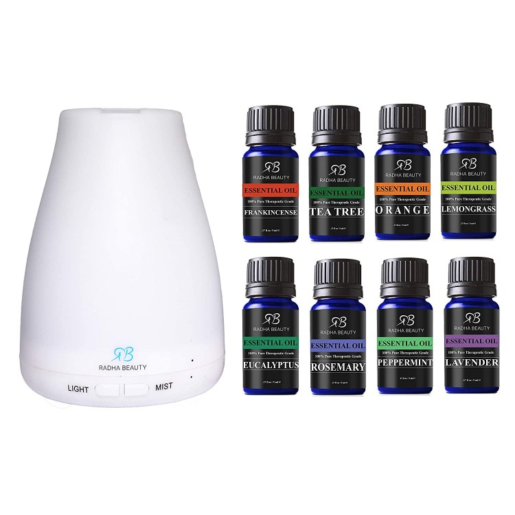 Aromatherapy Top 8 Essential Oil and Diffuser Gift Set - Peppermint, Tea Tree, Lavender &amp; Eucalyptus - Auto Shut-Off and 7 Color LED Lights - Therapeutic Grade Oils by Radha Beauty