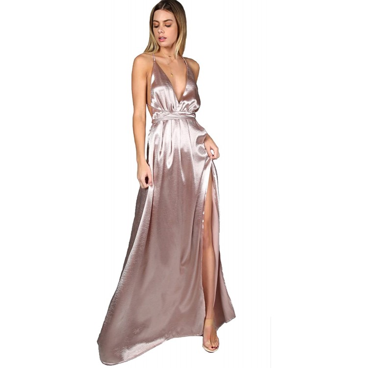 SheIn Women&#39;s Sexy Satin Deep V Neck Backless Maxi Club Party Evening Dress