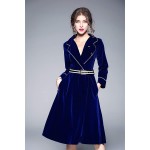 Women's Velvet V Neck Long Sleeves Blazer Midi Dress with Belt