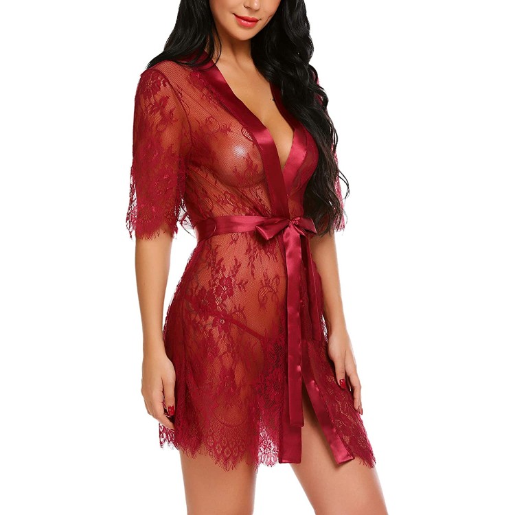 Avidlove Women Kimono Robe Floral Lace Babydoll Lingerie Sheer Mesh Nightgown