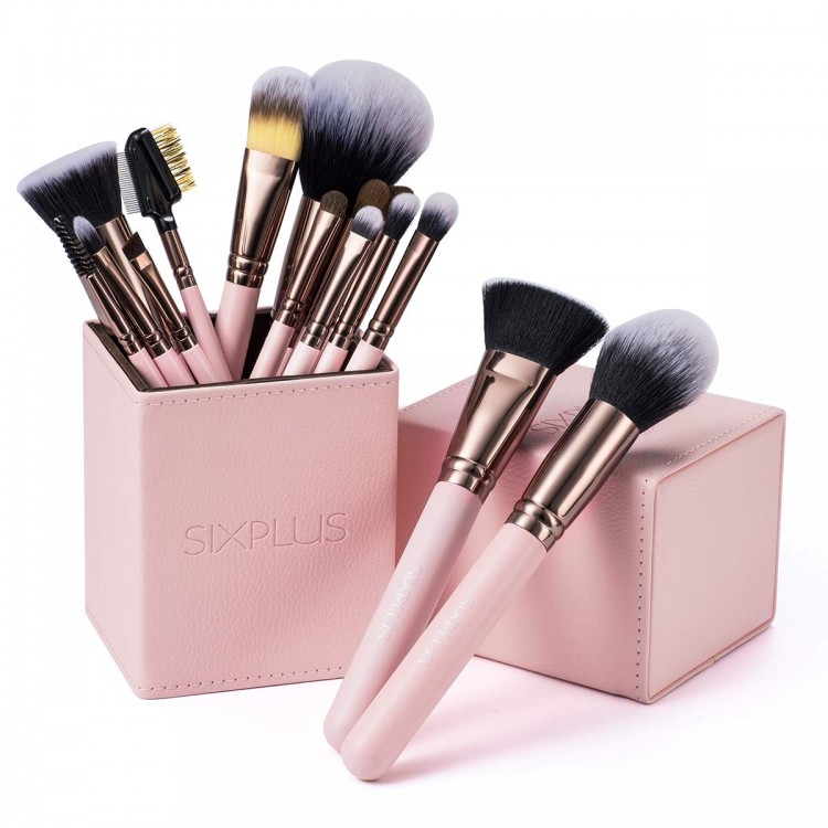 SIXPLUS 15Pcs Pink Makeup Brush Set with Makeup Holder (Pink)