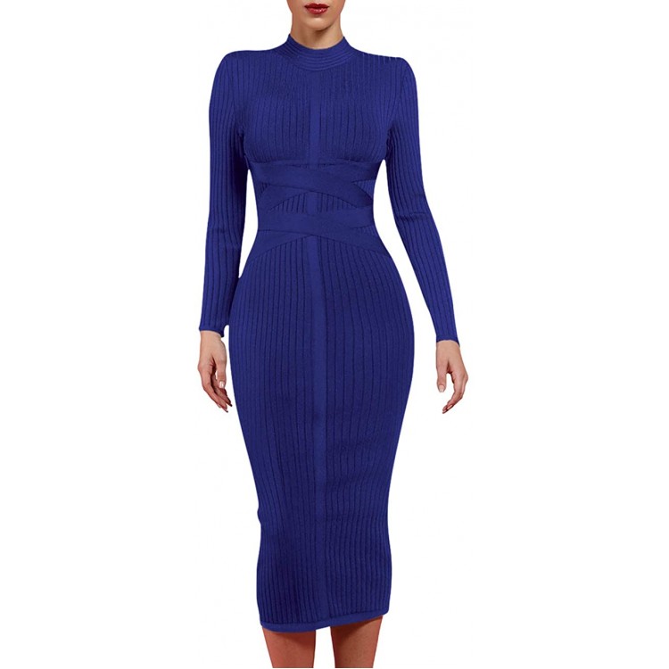 UONBOX Women's Long Sleeves Cross Strap Ribbed Club Party Midi Bodycon Bandage Dress