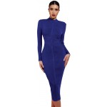 UONBOX Women's Long Sleeves Cross Strap Ribbed Club Party Midi Bodycon Bandage Dress