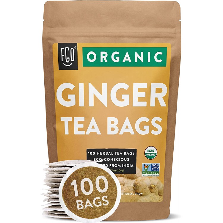 Organic Ginger Tea Bags | 100 Tea Bags | Eco-Conscious Tea Bags in Kraft Bag | Raw from India | by FGO