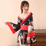 Women&#39;s Sexy Kimono Lingerie Pink Blossom Pattern Mini Kimono Dress Nightgown Bathrobe Short Yukata with OBI Belt