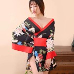 Women&#39;s Sexy Kimono Lingerie Pink Blossom Pattern Mini Kimono Dress Nightgown Bathrobe Short Yukata with OBI Belt