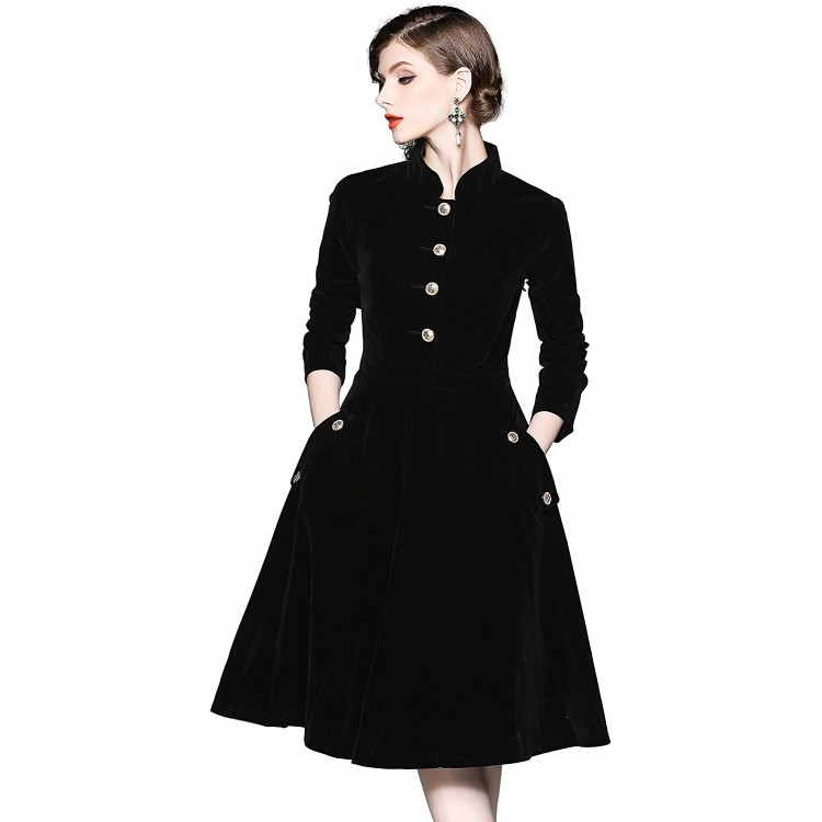 Women's Long Sleeves Velvet Button Up Swing Midi Pockets Dress