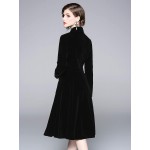 Women's Long Sleeves Velvet Button Up Swing Midi Pockets Dress