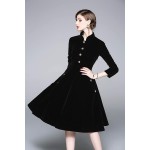 Women's Long Sleeves Velvet Button Up Swing Midi Pockets Dress