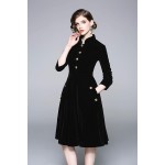 Women's Long Sleeves Velvet Button Up Swing Midi Pockets Dress