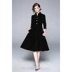 Women's Long Sleeves Velvet Button Up Swing Midi Pockets Dress