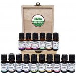 PURA D&#39;OR 16pc Essential Oils Wood Box Set 10mL USDA Organic 100% Pure Therapeutic Grade: Lavender, Rosemary, Eucalyptus, Lemon, Patchouli, Basil, Peppermint, Tea Tree, Bergamot, Ylang Ylang + More