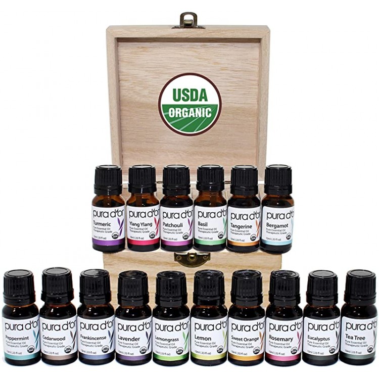 PURA D&#39;OR 16pc Essential Oils Wood Box Set 10mL USDA Organic 100% Pure Therapeutic Grade: Lavender, Rosemary, Eucalyptus, Lemon, Patchouli, Basil, Peppermint, Tea Tree, Bergamot, Ylang Ylang + More