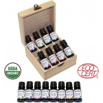 PURA D&#39;OR 16pc Essential Oils Wood Box Set 10mL USDA Organic 100% Pure Therapeutic Grade: Lavender, Rosemary, Eucalyptus, Lemon, Patchouli, Basil, Peppermint, Tea Tree, Bergamot, Ylang Ylang + More