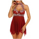 Women Sexy Lingerie Lace Babydoll Floral Lace Low Cut Mini Nightdress Mesh Chemise V Neck Sleepwear with G-String