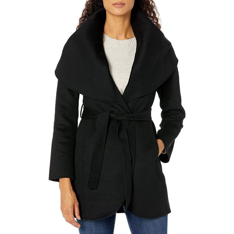 T Tahari Women's Double Face Wool Blend Wrap Coat with Oversized Collar