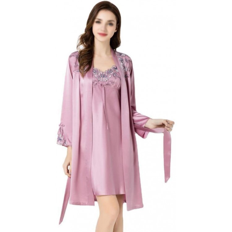 Household items Long-Sleeved Breathable Silk Pajamas, Mulberry Silk Summer Autumn and Winter Women&#39;s Pajamas, Ladies Sexy Strappy Nightdress, Casual Nightgown Two-Piece Suit