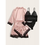 WDIRARA Women&#39;s 4 Pieces Satin Floral Lace Cami Top Lingerie Pajama Set with Robe